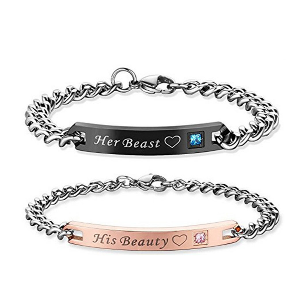 ペアブレスレット 刻印入りハート装飾宝石付きステンレス鎖ブレスレット