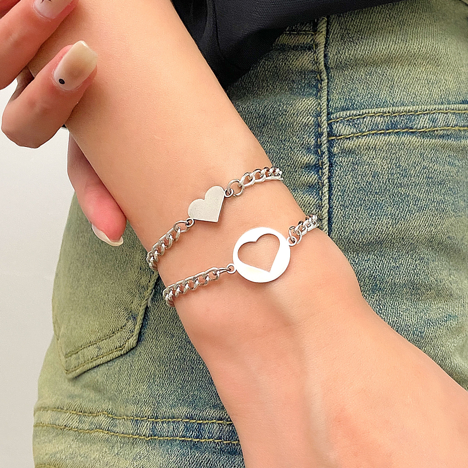 ハート型チャーム付き喜平チェーンペアブレスレット