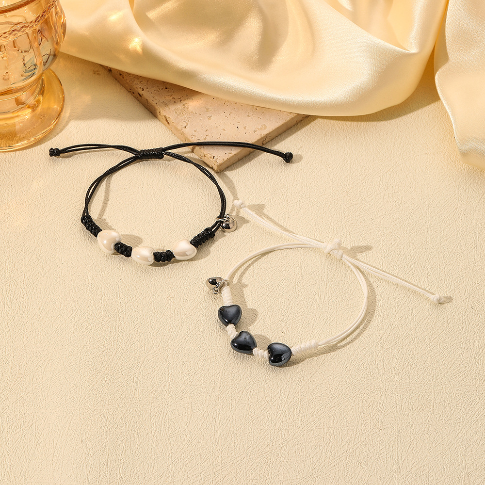 ペアブレスレット ハート型ビーズ編み込みペア紐ブレスレット