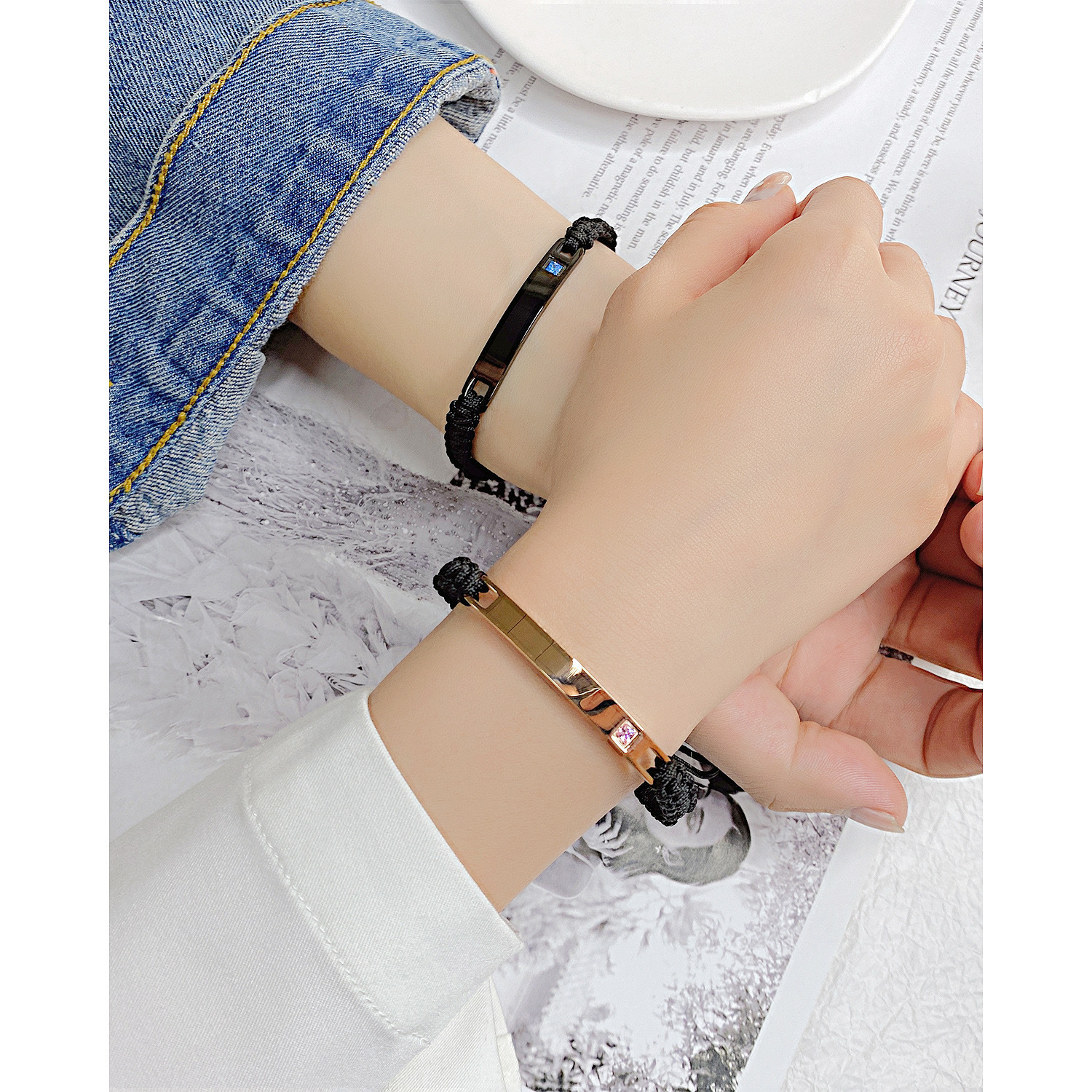 ペアブレスレット 宝石付き編み込み紐ステンレスペアブレスレット