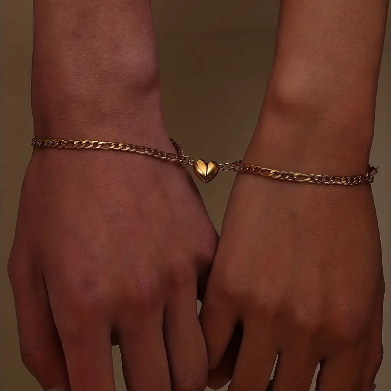 ペアブレスレット ハート型チャーム付き喜平チェーンブレスレット