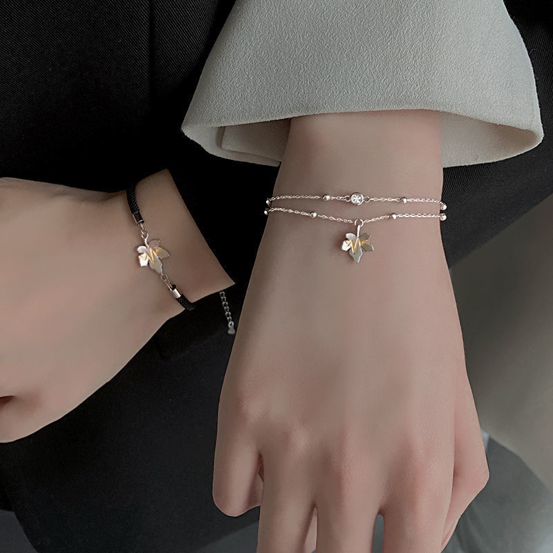 ペアブレスレット 花モチーフ付き二連チェーンブレスレット