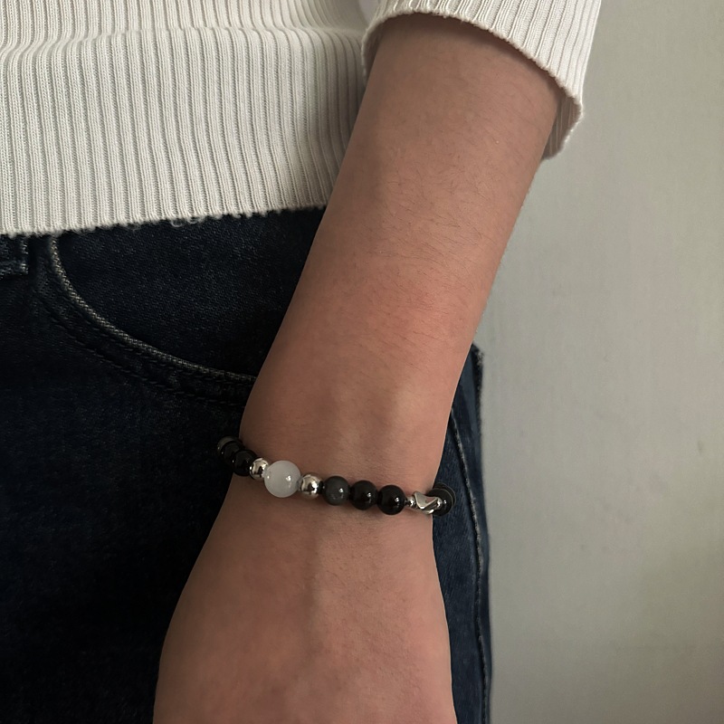 銀曜石と猫目石の誕生日石ペアブレスレット