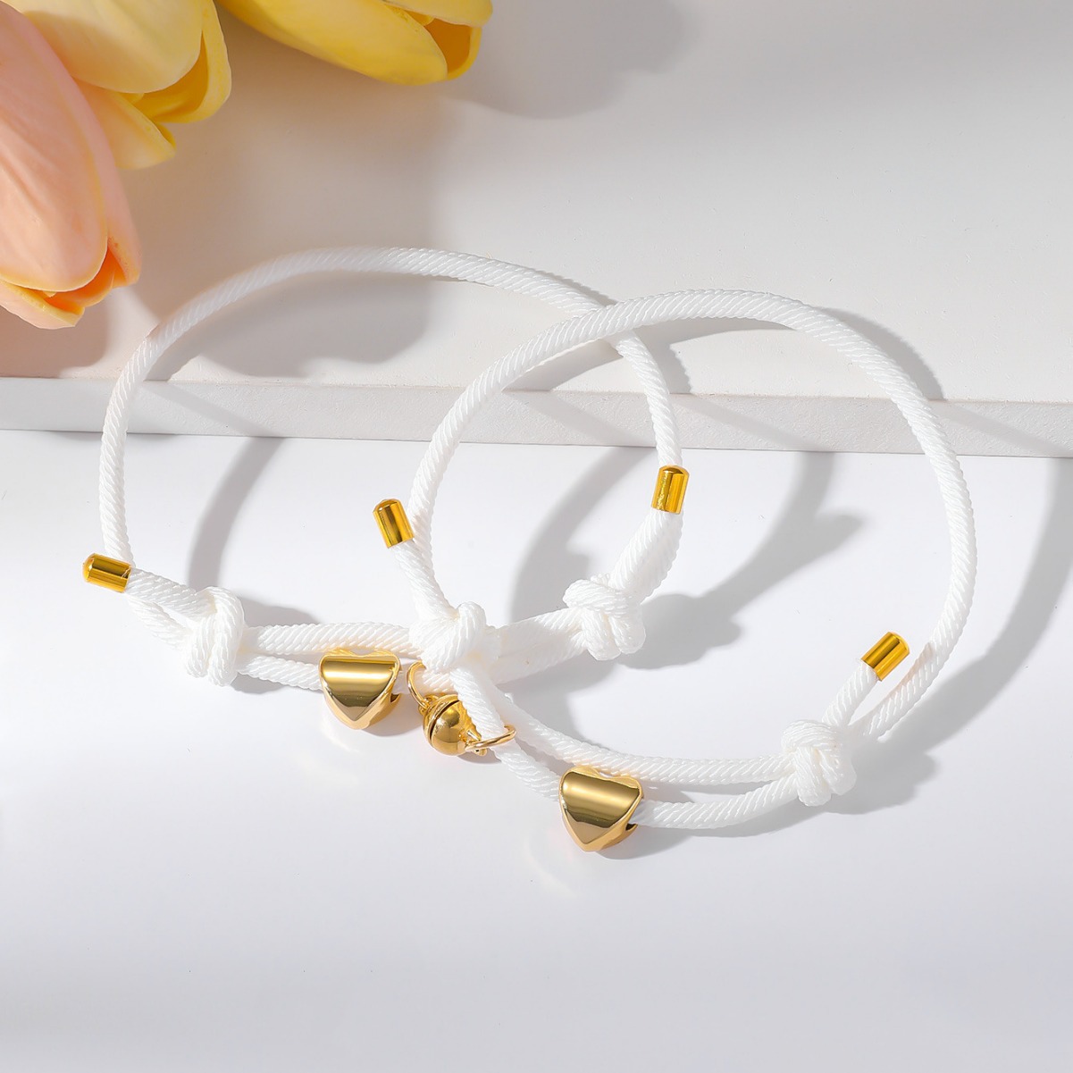 ペアブレスレット ハート型チャーム付き調節可能コード編みブレスレット