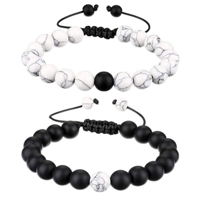 ペアブレスレット 天然石ハウライトと瑪瑙の調整式ペアブレスレット