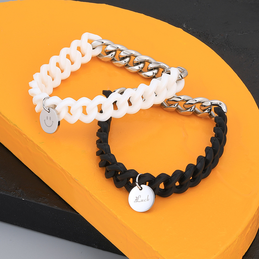 ペアブレスレット 喜怒楽円盤付き編み込みチェーン組み合わせ腕輪
