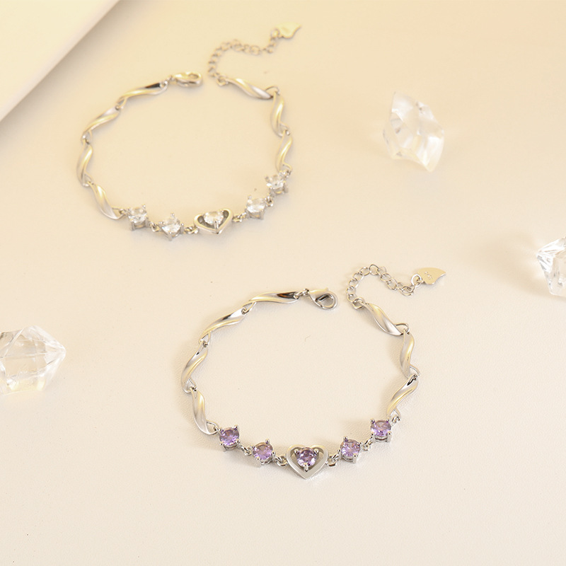 ペアブレスレット ハート型ジルコニア輝くステンレス恋人繋ぐ腕飾り