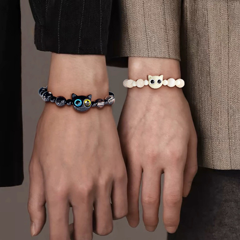 猫モチーフ誕生日石ペアブレスレット