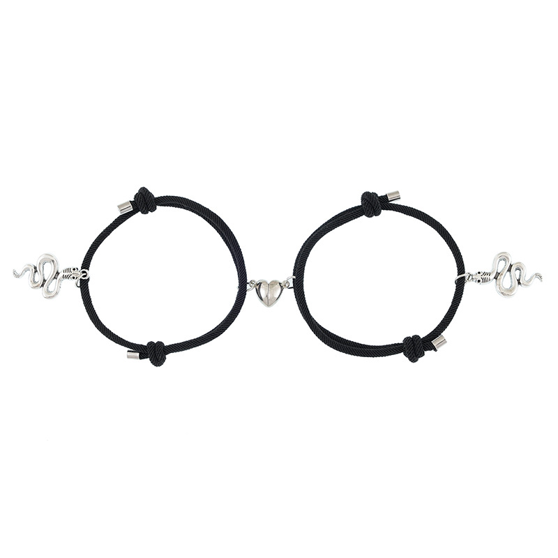 ペアブレスレット 蛇モチーフと揺れるハート調節可能紐編みブレスレット