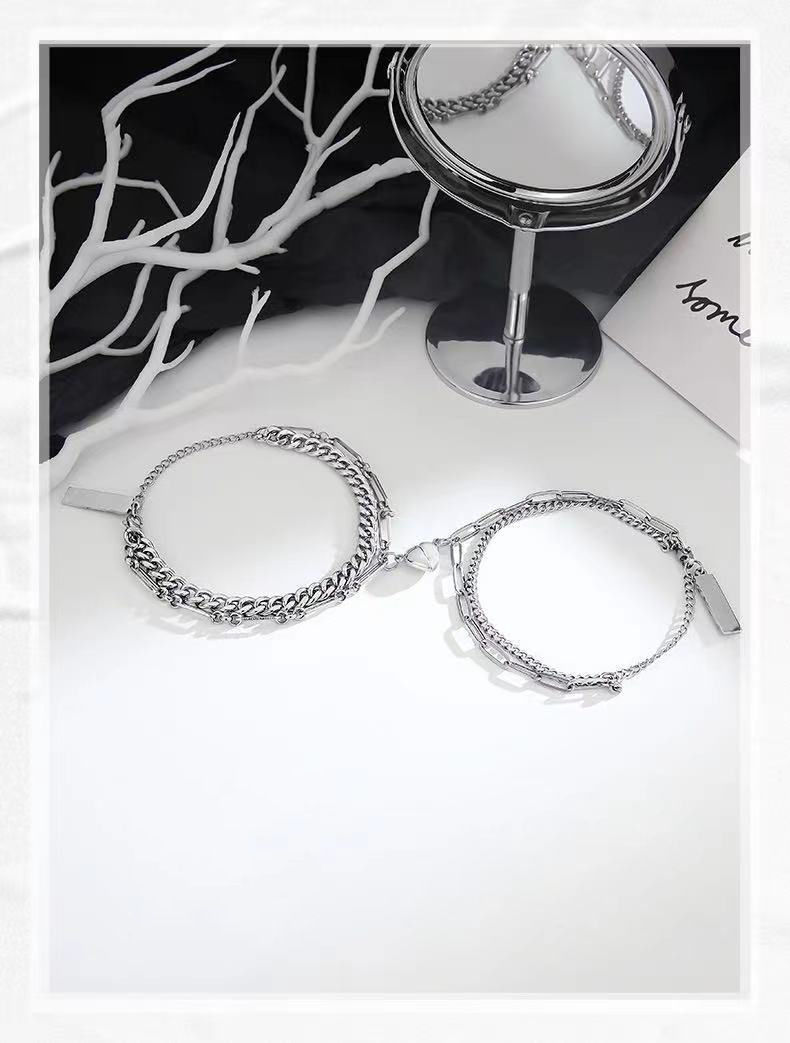 ペアブレスレット 二重鎖ハート飾り付きペア二連ブレスレット