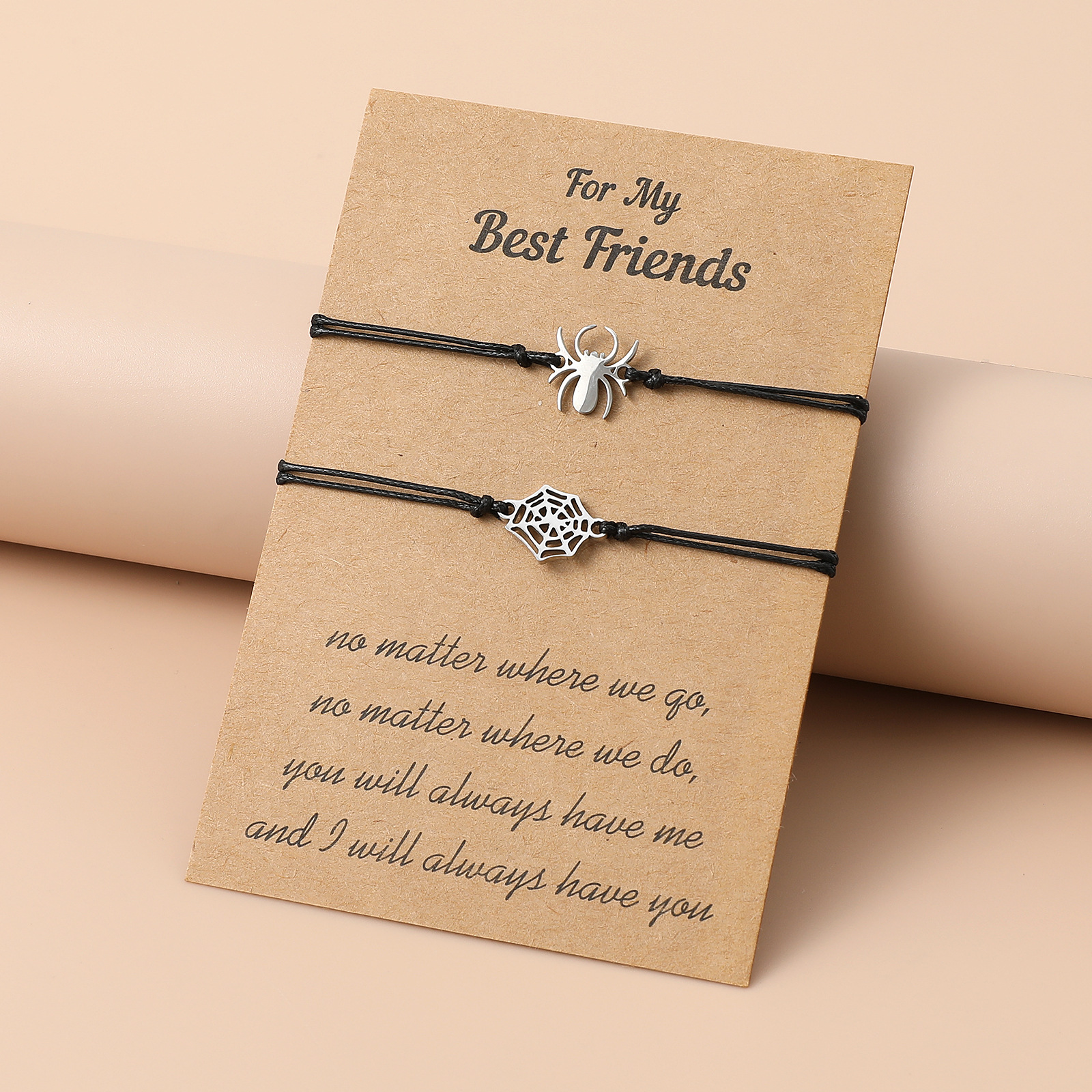 ペアブレスレット 蜘蛛と蜘蛛の巣モチーフ編み込み紐ブレスレット