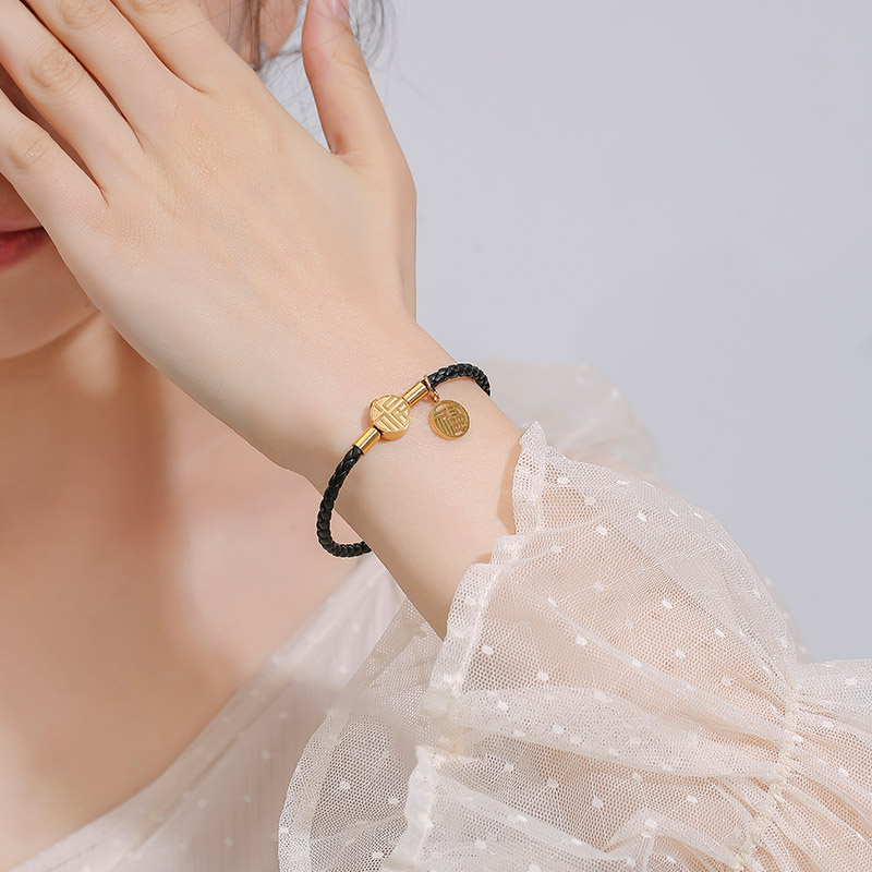 ブレスレットペア 福結び 編み込みレザーペア