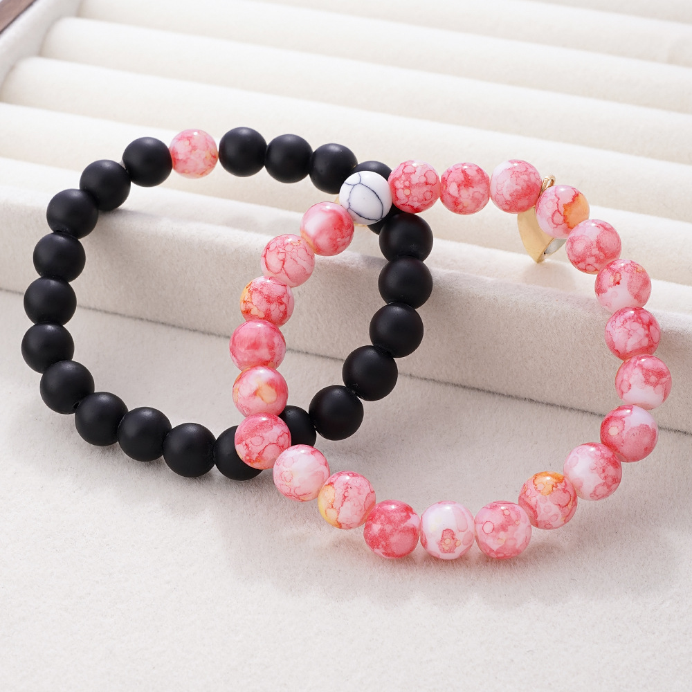 天然石ハート繋ぎ誕生日石ペアブレスレット三本組