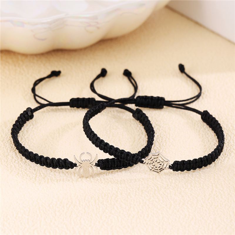 ペアブレスレット 蜘蛛と蜘蛛の巣モチーフ編み込み紐ブレスレット