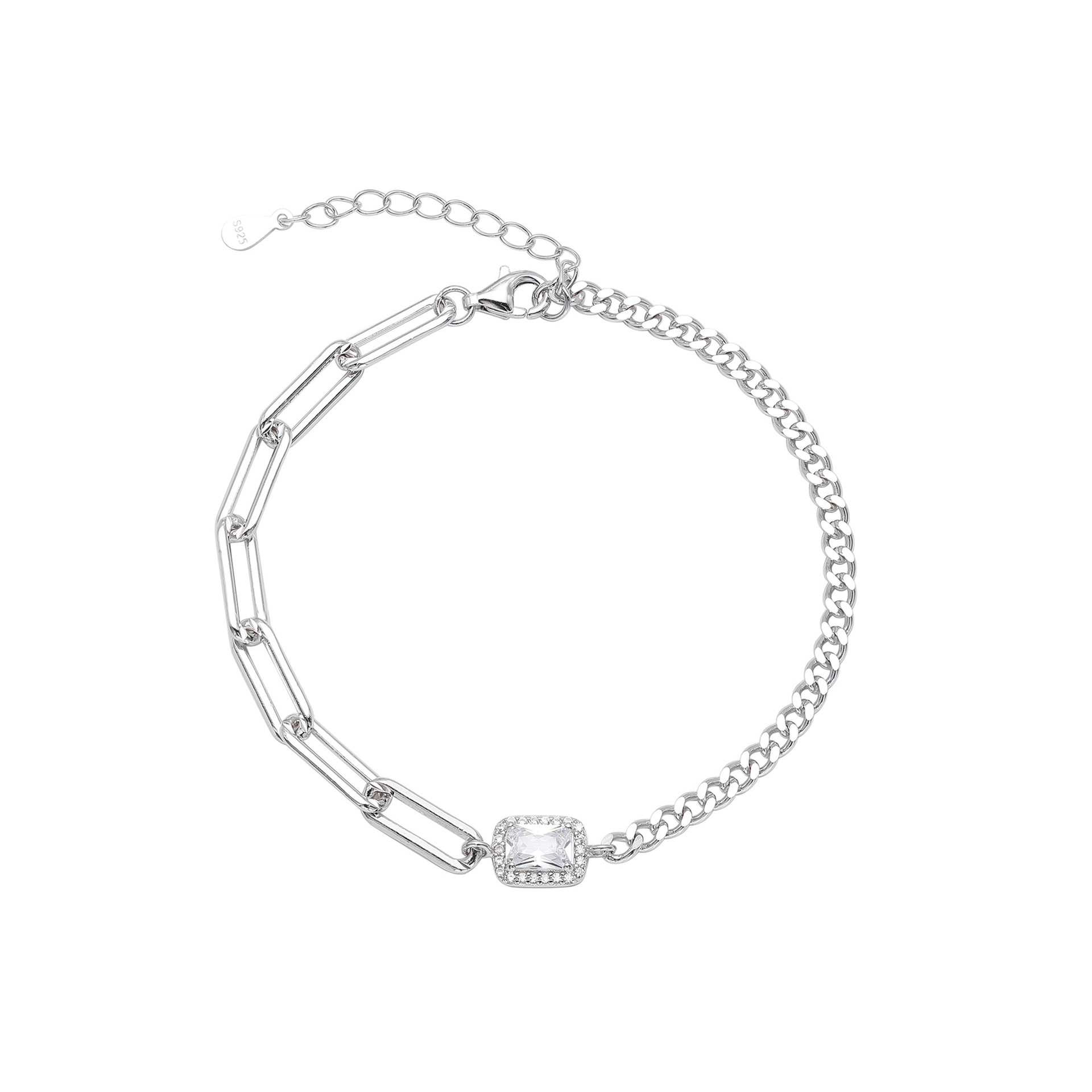 ペアブレスレット 煌めく宝石付き異素材チェーンペアブレスレット