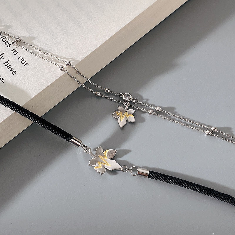 ペアブレスレット 花モチーフ付き二連チェーンブレスレット