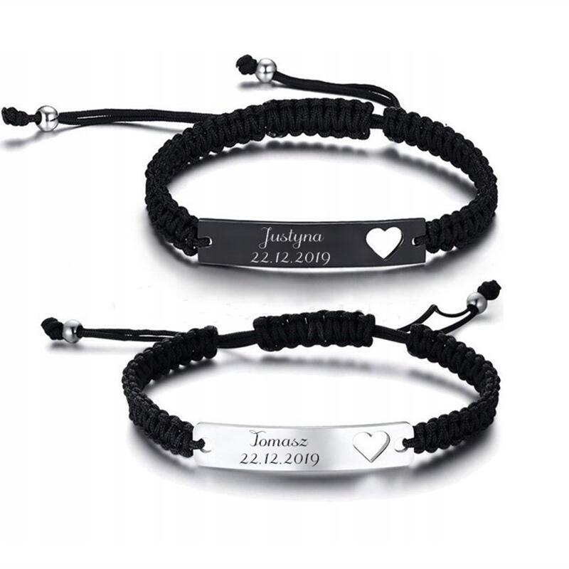 ペアブレスレット 刻印可能ハート編み込みサイズ調整式ペアブレスレット