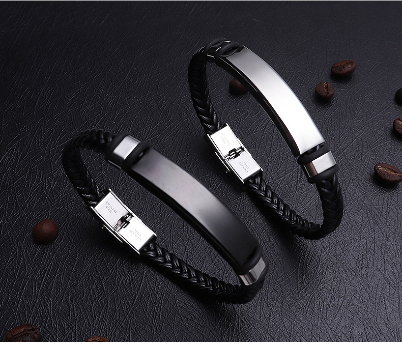 ペアブレスレット 編み込みレザー×ステンレスプレート組み合わせブレスレット