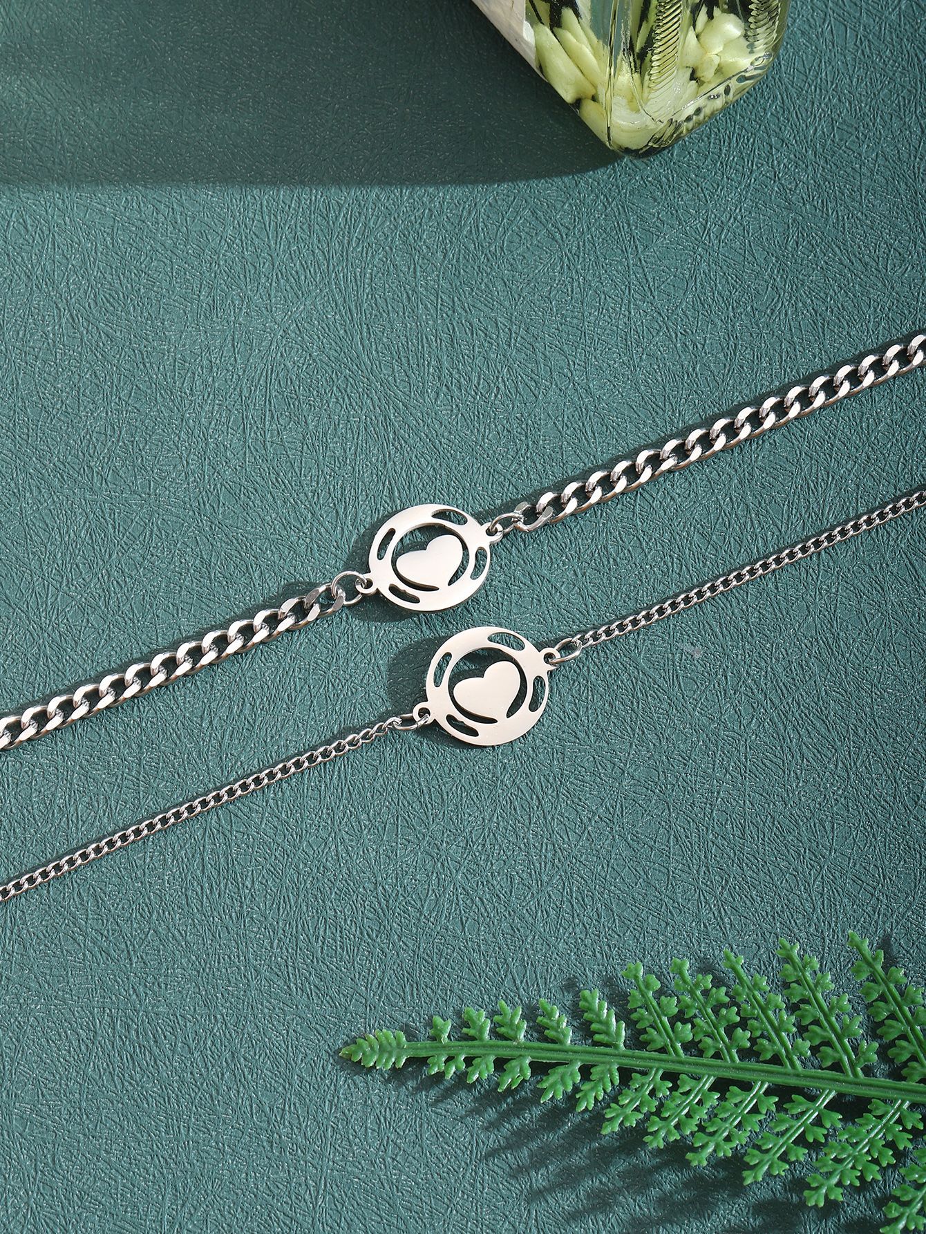 ペアブレスレット 二重円ハートモチーフ華奢チェーンペアブレスレット