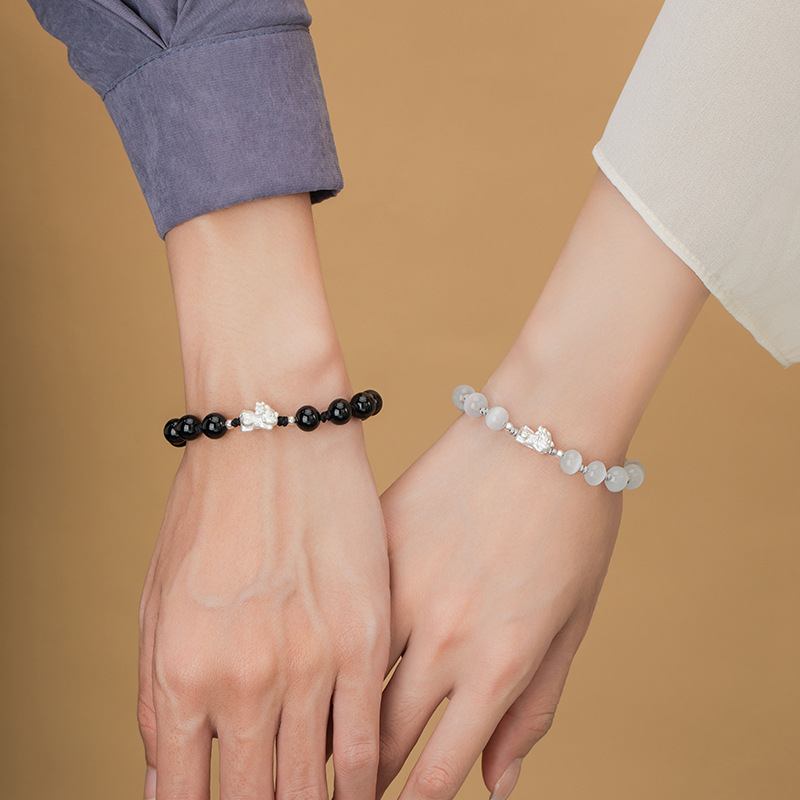 貔貅銀飾天然石誕生日石ペアブレスレット