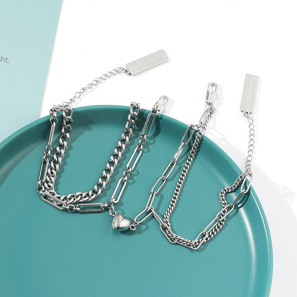 ペアブレスレット 二連チェーン調節可能プレート付ペアブレスレット