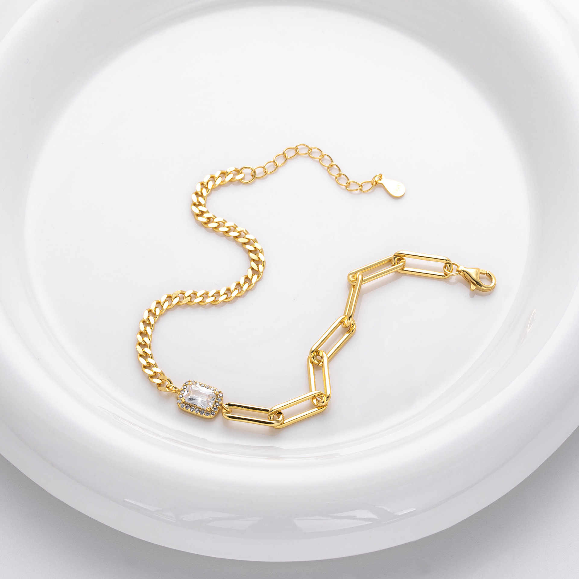 ペアブレスレット 煌めく宝石付き異素材チェーンペアブレスレット