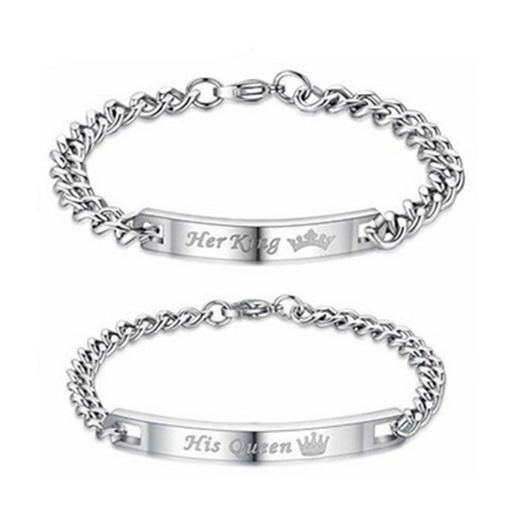 ペアブレスレット 刻印入りハート装飾宝石付きステンレス鎖ブレスレット