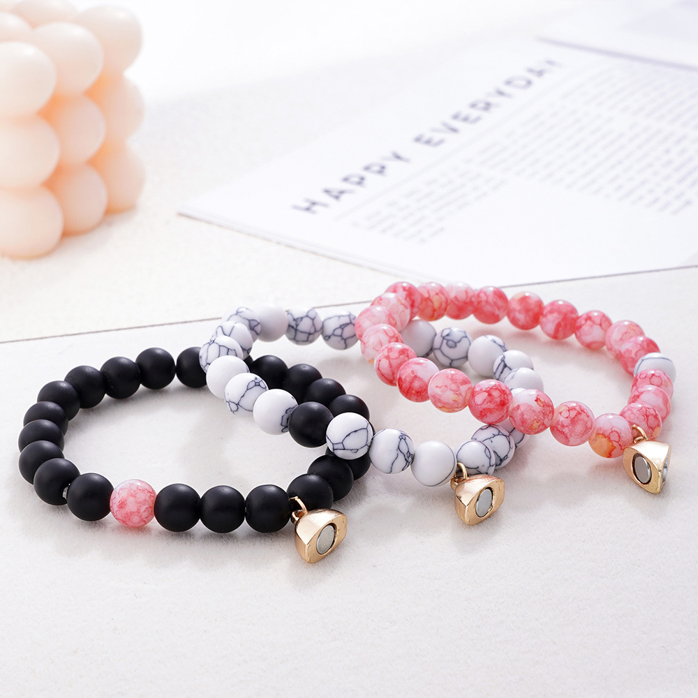 天然石ハート繋ぎ誕生日石ペアブレスレット三本組