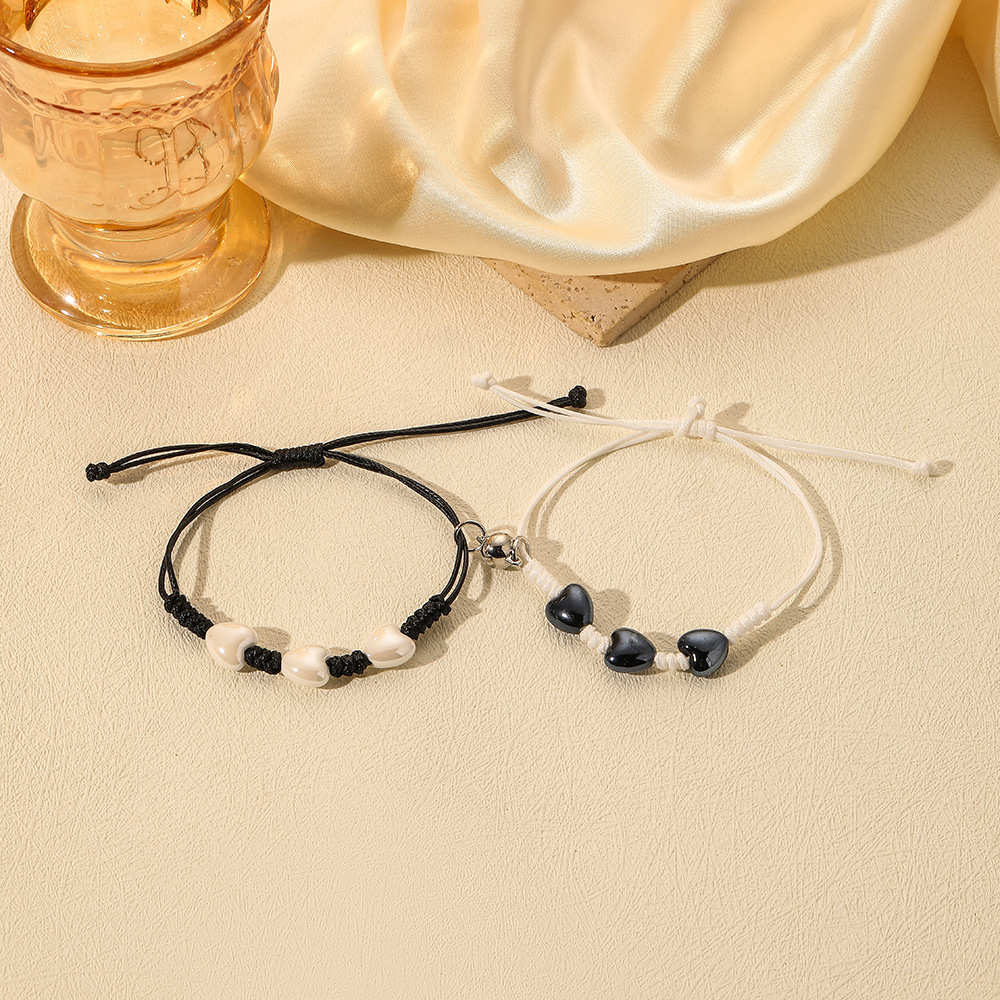 ペアブレスレット ハート型ビーズ編み込みペア紐ブレスレット