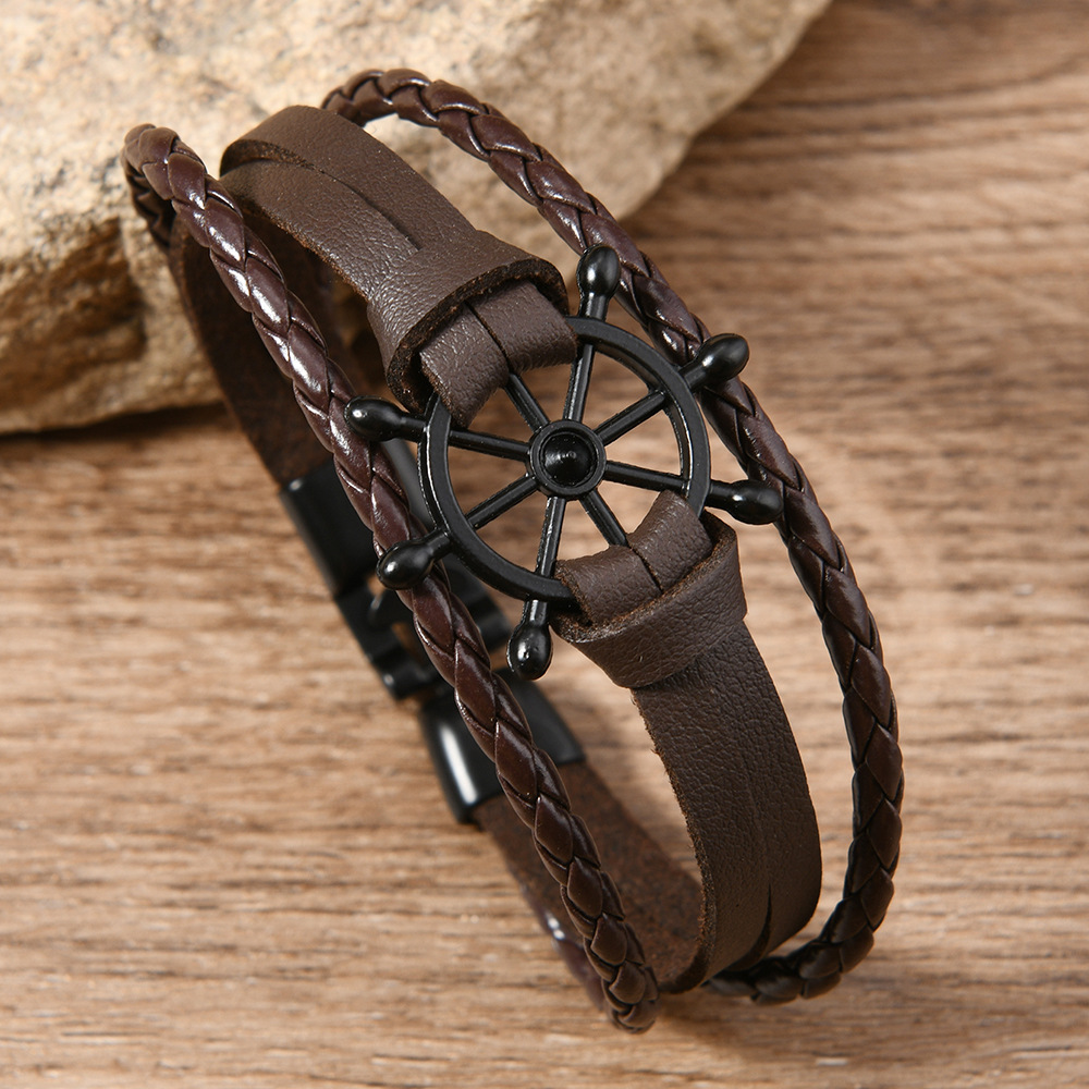 ペアブレスレット 舵輪モチーフ三連編み込みレザーペアブレスレット