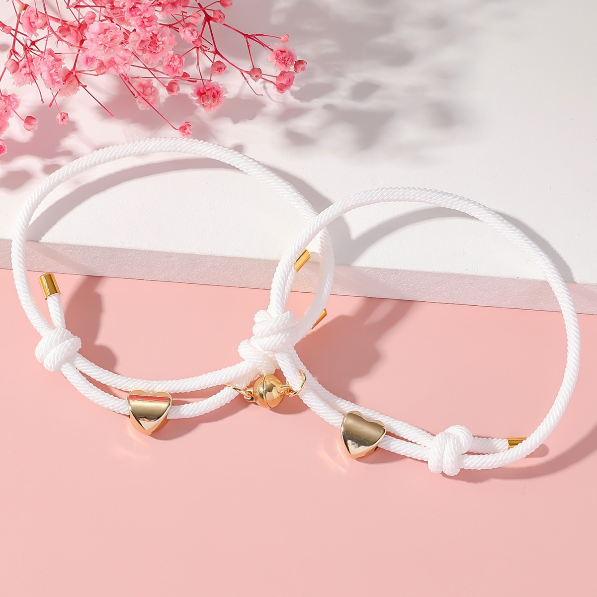 ペアブレスレット ハート型チャーム付き調節可能コード編みブレスレット