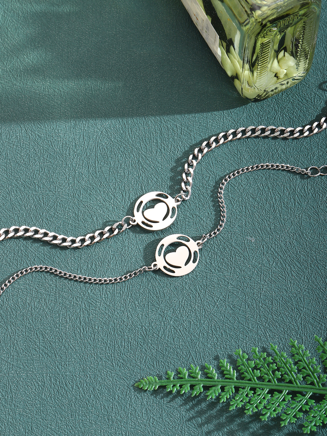 ペアブレスレット 二重円ハートモチーフ華奢チェーンペアブレスレット