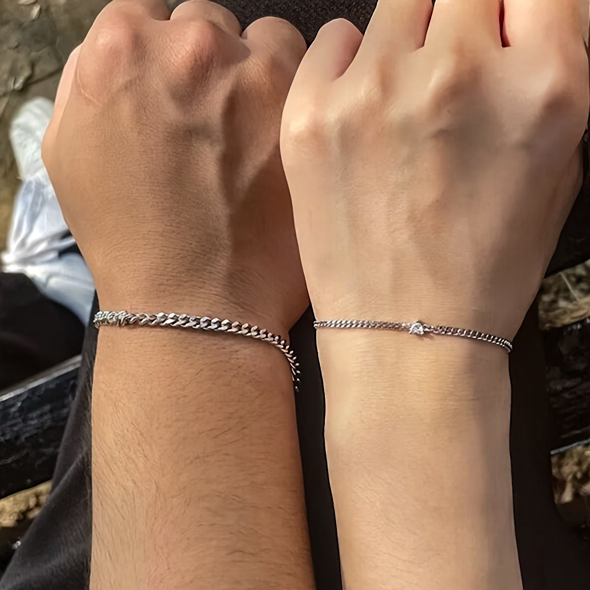 一粒石付き喜平チェーンペアブレスレット