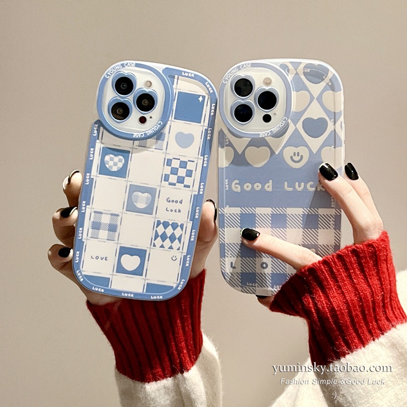 お揃いスマホケース ハートのチェック柄 パステルブルー スマホケース