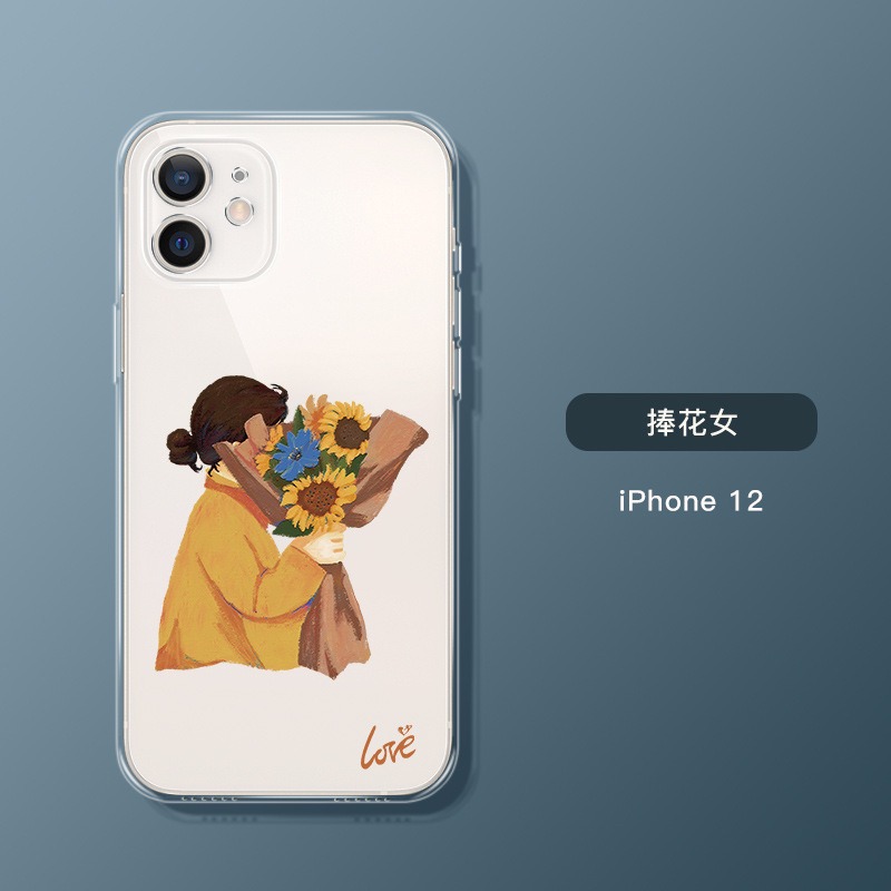 お揃いスマホケース ロマンチックなカップルアート 花束 透明スマホケース