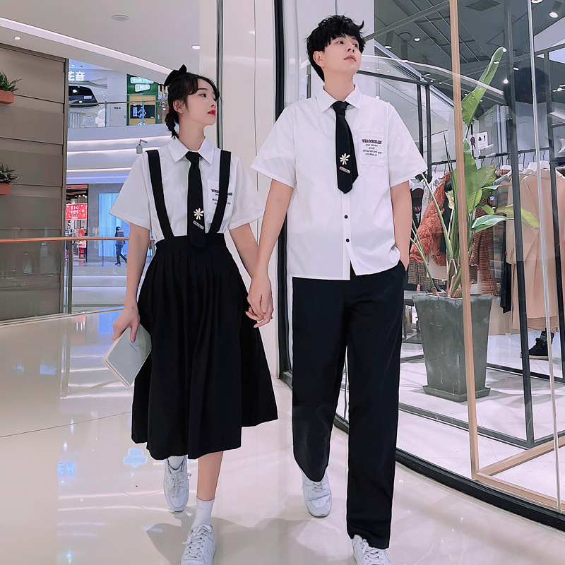 シミラールック 黒と白のシンプルな制服風シャツ パンツ スカート シャツ ペアルック専門通販
