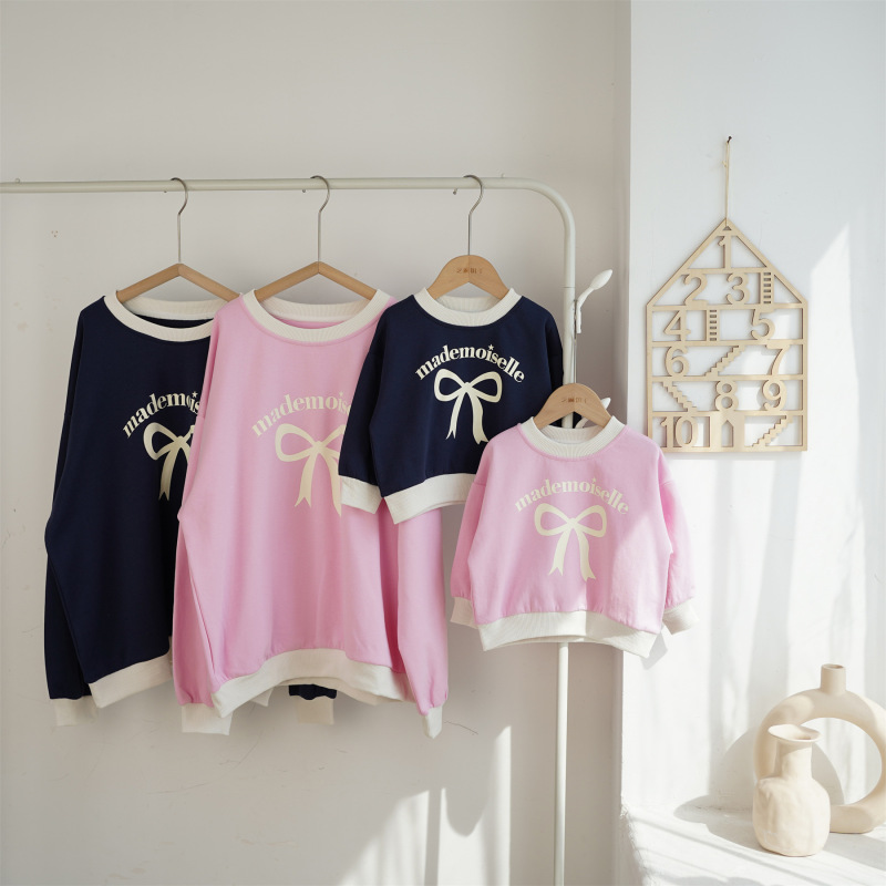 ペアルック 親子お揃いリボンプリントトレーナー韓国風子供服80～130