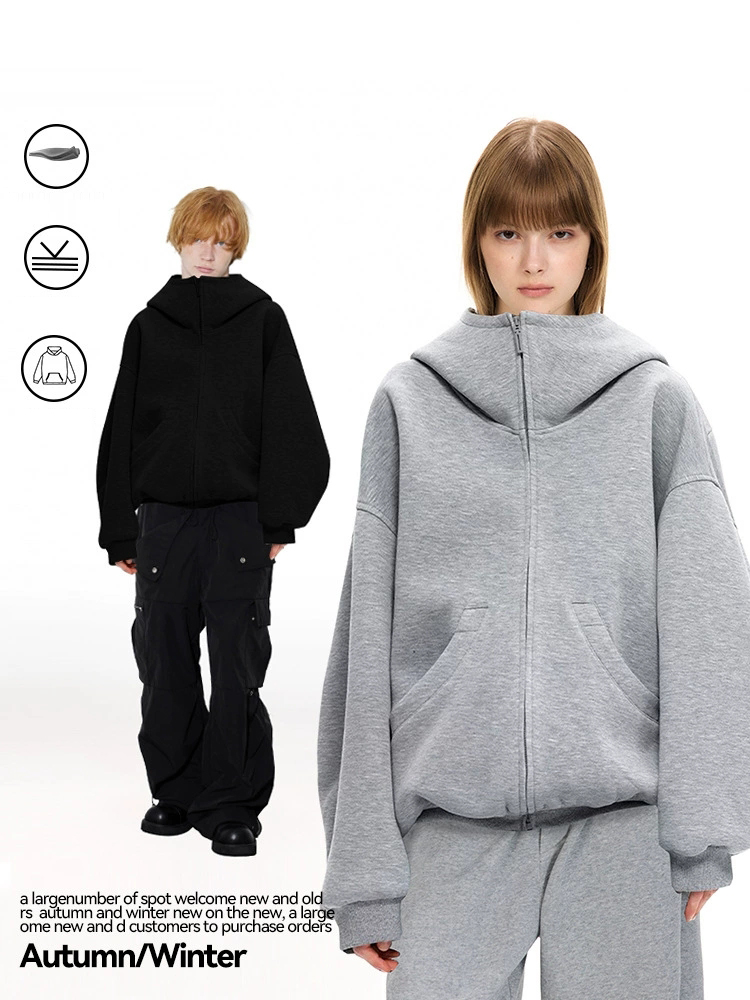 ペアルック 無地ジップパーカー 男女兼用 秋冬新作 全2色