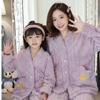 ペアルック/お揃い 親子ペア冬用もこもこパジャマ暖かいフランネル上下セット