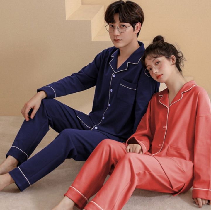 ペアルック/お揃い お揃いパジャマ上下セット綿素材長袖前開き