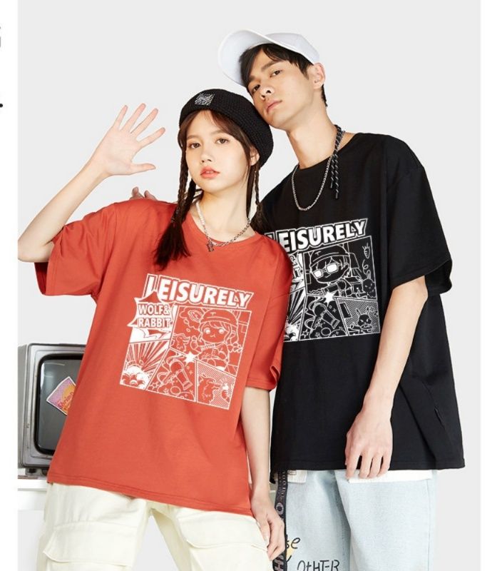 ペアルック 漫画風キャラクタープリント半袖ペアTシャツ