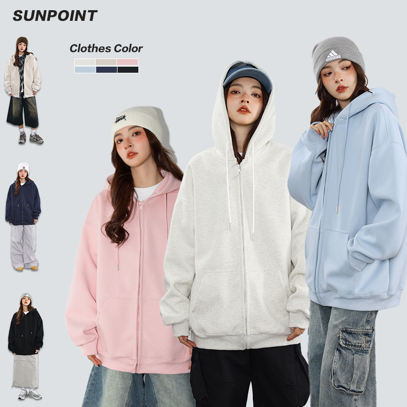 ペアルック 無地ジップパーカー男女兼用春秋新作全6色