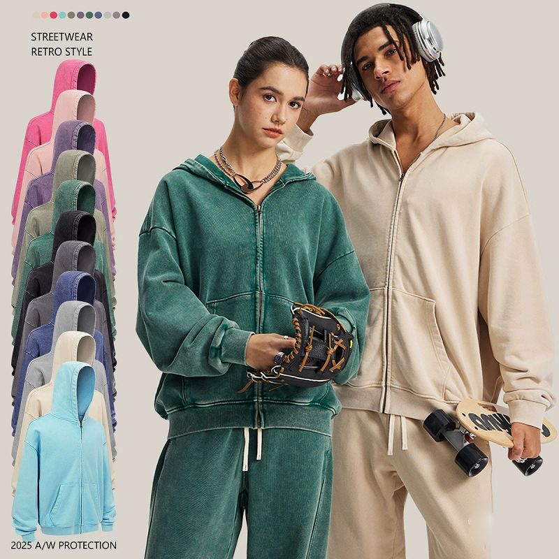 ペアルック 裏起毛パーカー上下セット男女兼用ビンテージ風全6色