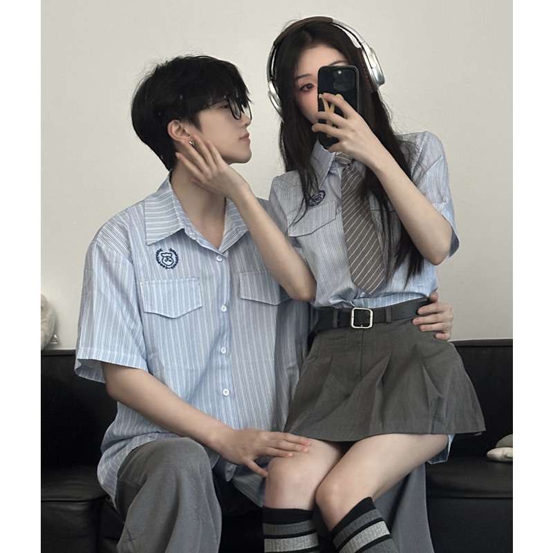 ペアルック/お揃いストライプ シャツ グレー スカート ペアルック/お揃い