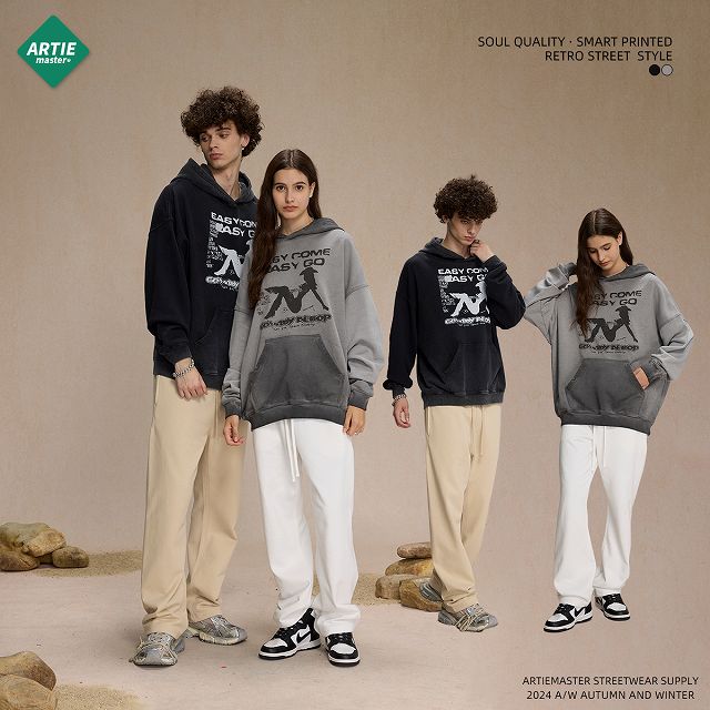 ペアルック 男女兼用 厚手裏起毛パーカー 復古風 秋冬 全2色