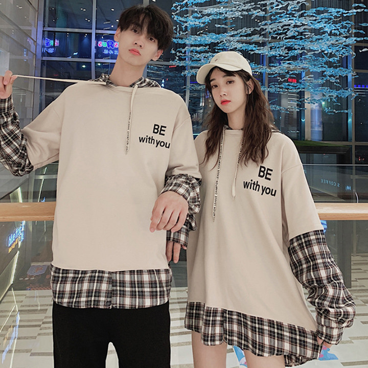 ペアルック カップル お揃い チェック柄 重ね着風 パーカー