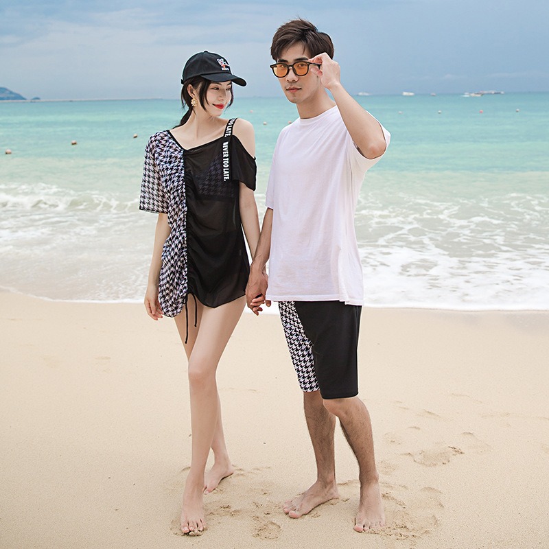 ペアルック/お揃い 夏 カップル水着 レディーススリーピースビキニセット＋メンズショーツ モノクローム