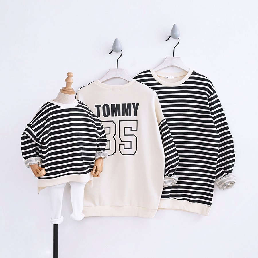 ペアルック 親子お揃いパーカー ボーダー柄長袖トップス
