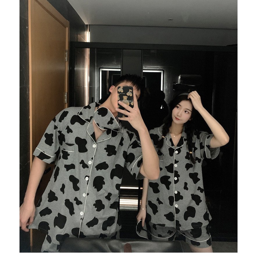 ペアルック 牛柄パジャマ ペア 半袖 前開き 綿100％ 春夏 可愛い