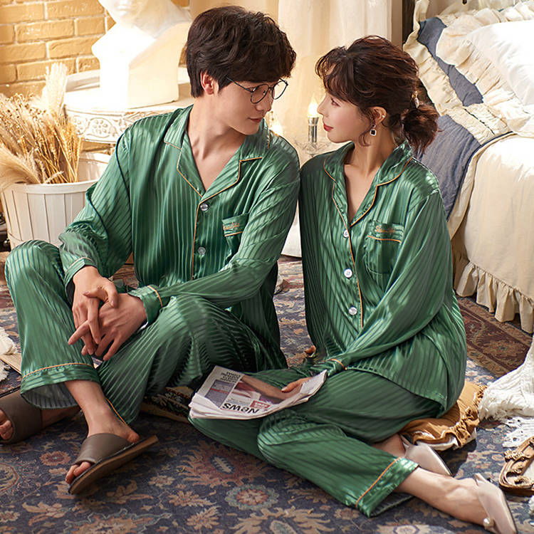 ペアルック 高級シルク風パジャマ ペア 長袖 上下セット 襟付き